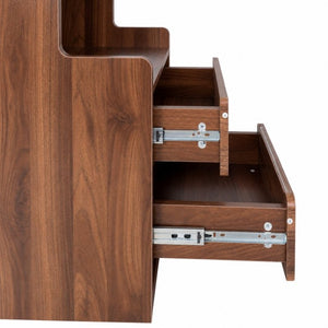 English Elm Tall Mid-Century Walnut Nightstand with Glass Cabinet Open Shelving and Two Drawers W331P515010