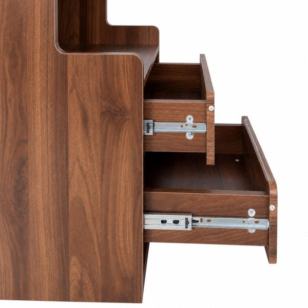 English Elm Tall Mid-Century Walnut Nightstand with Glass Cabinet Open Shelving and Two Drawers W331P515010