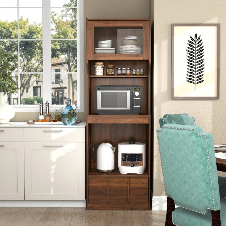 English Elm Walnut Bar Credenza with Glass Door Pull Out Tray and Three Tier Open Shelving W331P515273