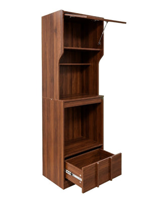 English Elm Walnut Bar Credenza with Glass Door Pull Out Tray and Three Tier Open Shelving W331P515273