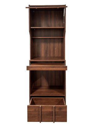 English Elm Walnut Bar Credenza with Glass Door Pull Out Tray and Three Tier Open Shelving W331P515273