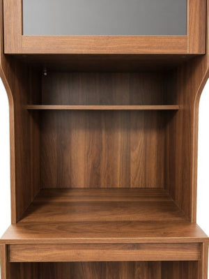 English Elm Walnut Bar Credenza with Glass Door Pull Out Tray and Three Tier Open Shelving W331P515273