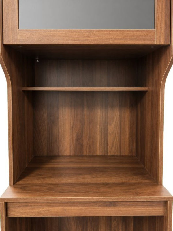 English Elm Walnut Bar Credenza with Glass Door Pull Out Tray and Three Tier Open Shelving W331P515273