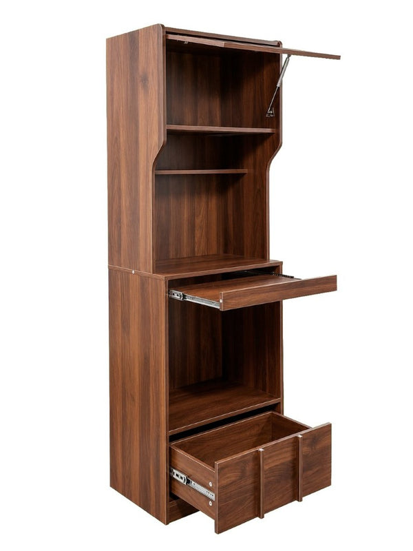 English Elm Walnut Bar Credenza with Glass Door Pull Out Tray and Three Tier Open Shelving W331P515273