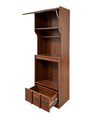 English Elm Walnut Bar Credenza with Glass Door Pull Out Tray and Three Tier Open Shelving W331P515273