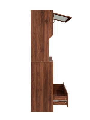 English Elm Walnut Bar Credenza with Glass Door Pull Out Tray and Three Tier Open Shelving W331P515273