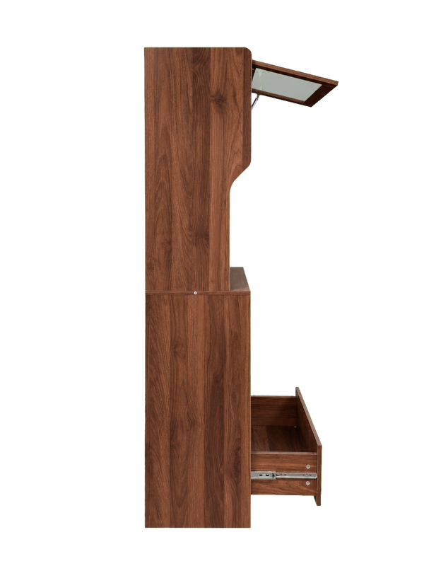 English Elm Walnut Bar Credenza with Glass Door Pull Out Tray and Three Tier Open Shelving W331P515273