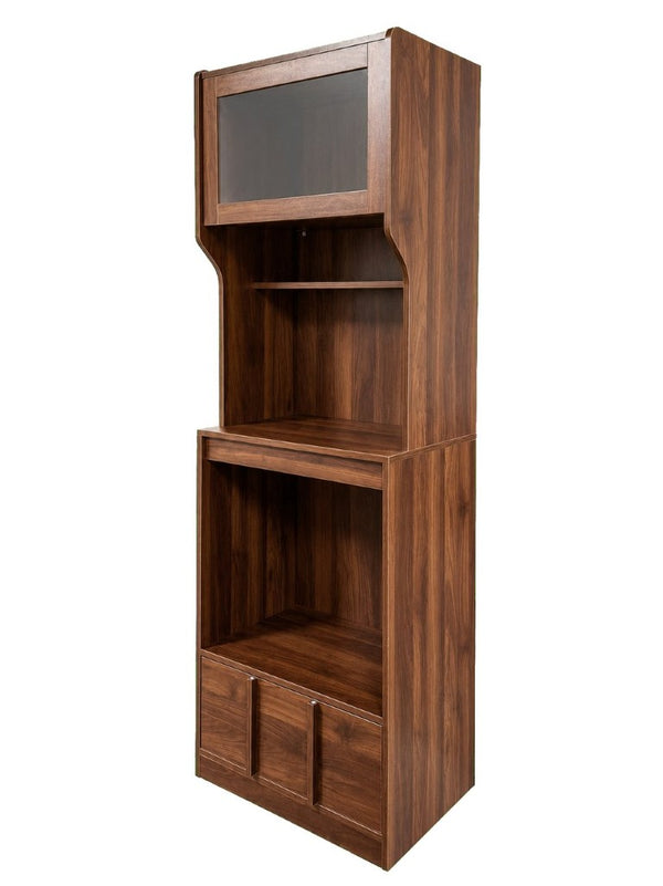 English Elm Walnut Bar Credenza with Glass Door Pull Out Tray and Three Tier Open Shelving W331P515273