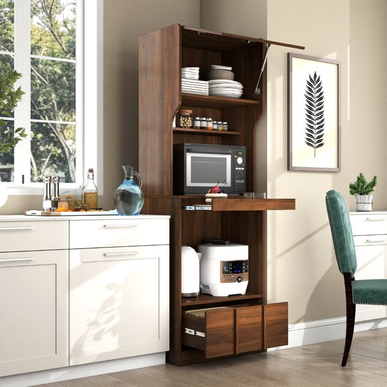 English Elm Walnut Bar Credenza with Glass Door Pull Out Tray and Three Tier Open Shelving W331P515273