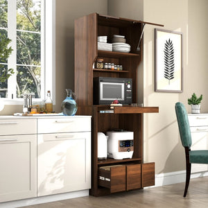 English Elm Walnut Bar Credenza with Glass Door Pull Out Tray and Three Tier Open Shelving W331P515273