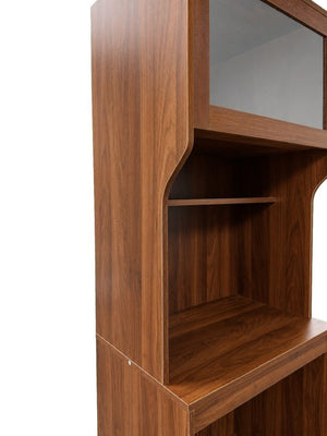 English Elm Walnut Bar Credenza with Glass Door Pull Out Tray and Three Tier Open Shelving W331P515273
