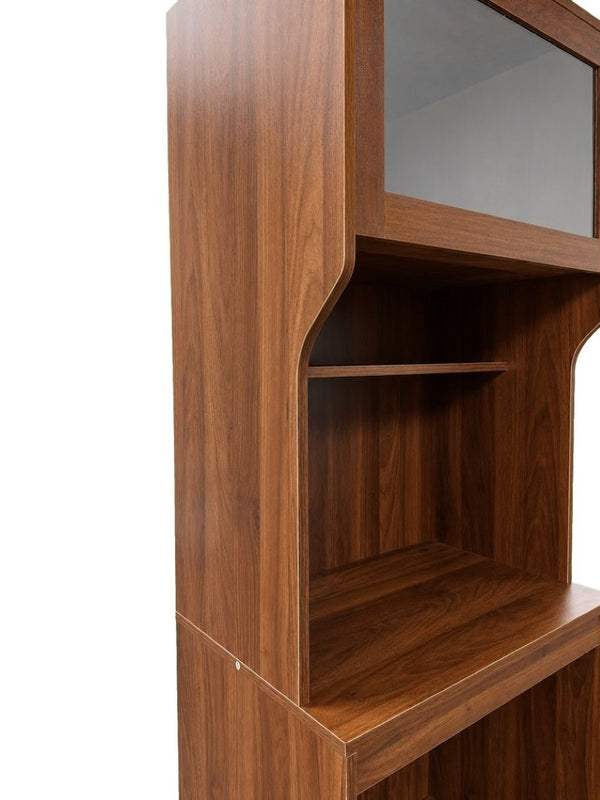 English Elm Walnut Bar Credenza with Glass Door Pull Out Tray and Three Tier Open Shelving W331P515273