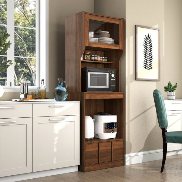 English Elm Walnut Bar Credenza with Glass Door Pull Out Tray and Three Tier Open Shelving W331P515273