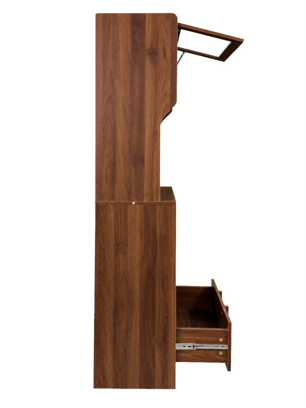 English Elm Walnut Bar Credenza with Glass Door Pull Out Tray and Three Tier Open Shelving W331P515273