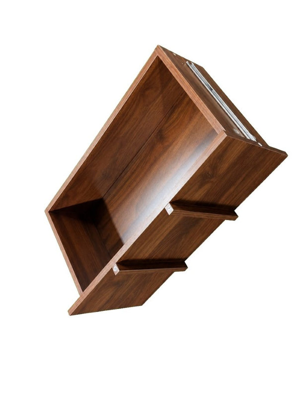 English Elm Walnut Bar Credenza with Glass Door Pull Out Tray and Three Tier Open Shelving W331P515273