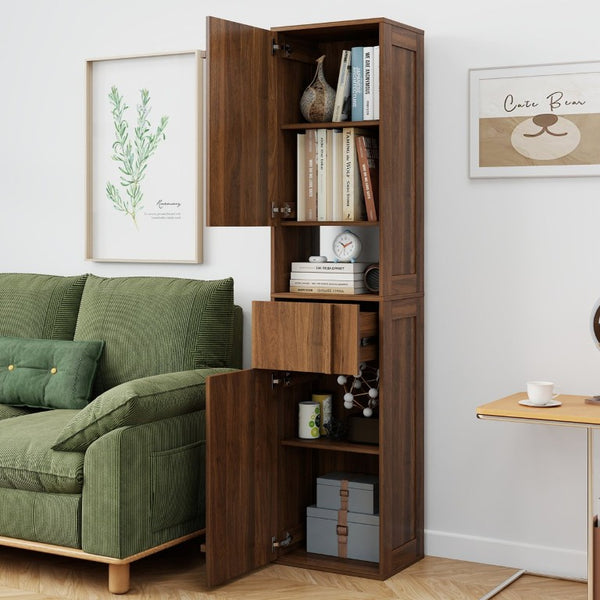 English Elm Tall Slim Freestanding Cabinet with Open Shelf and Concealed Drawers for Compact Spaces W331P515578