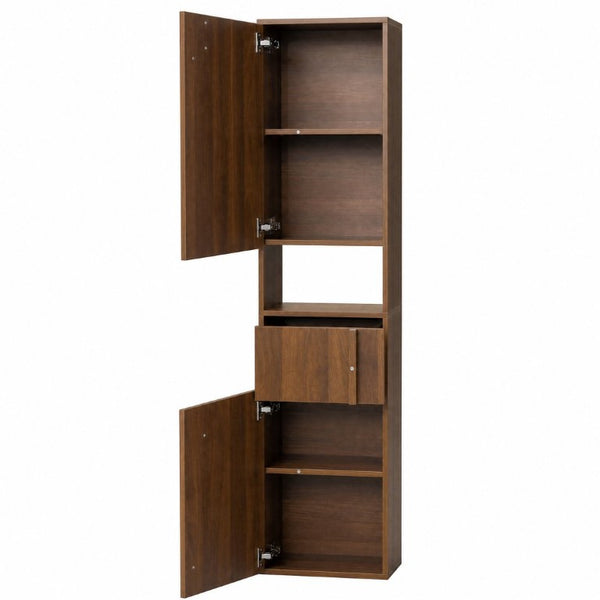 English Elm Tall Slim Freestanding Cabinet with Open Shelf and Concealed Drawers for Compact Spaces W331P515578