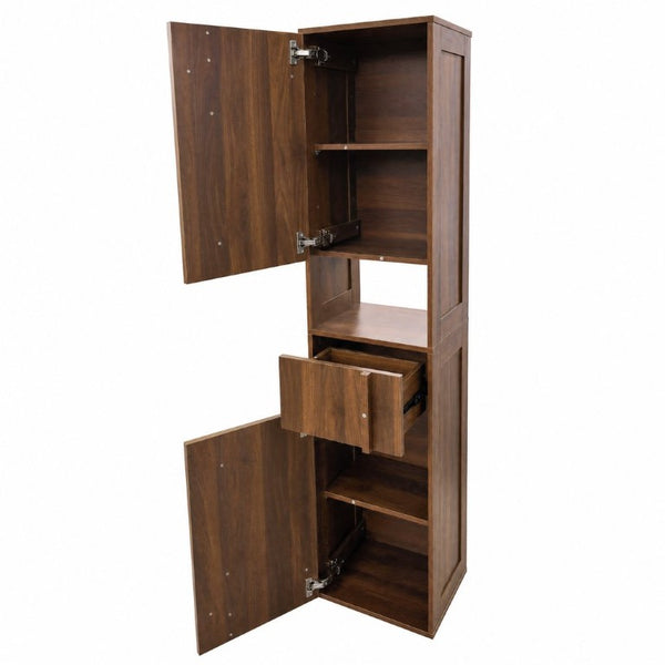 English Elm Tall Slim Freestanding Cabinet with Open Shelf and Concealed Drawers for Compact Spaces W331P515578