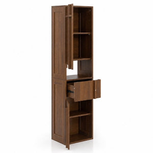 English Elm Tall Slim Freestanding Cabinet with Open Shelf and Concealed Drawers for Compact Spaces W331P515578
