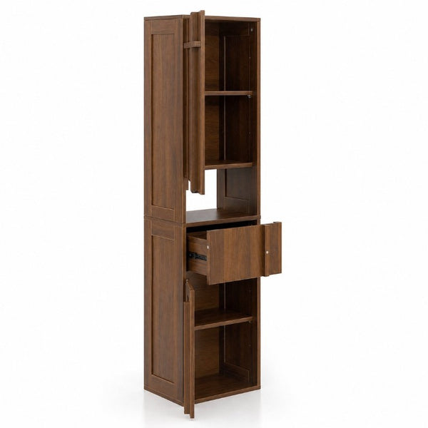 English Elm Tall Slim Freestanding Cabinet with Open Shelf and Concealed Drawers for Compact Spaces W331P515578