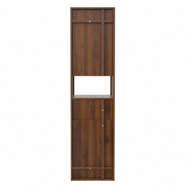 English Elm Tall Slim Freestanding Cabinet with Open Shelf and Concealed Drawers for Compact Spaces W331P515578