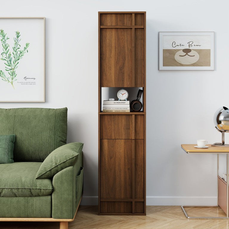 English Elm Tall Slim Freestanding Cabinet with Open Shelf and Concealed Drawers for Compact Spaces W331P515578