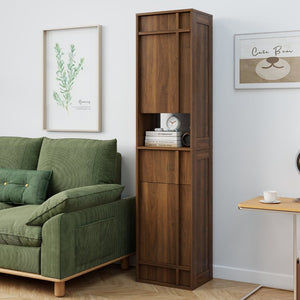 English Elm Tall Slim Freestanding Cabinet with Open Shelf and Concealed Drawers for Compact Spaces W331P515578
