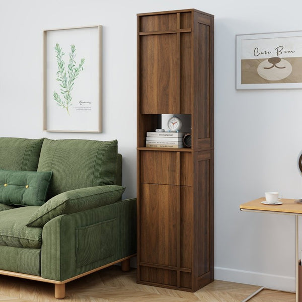 English Elm Tall Slim Freestanding Cabinet with Open Shelf and Concealed Drawers for Compact Spaces W331P515578
