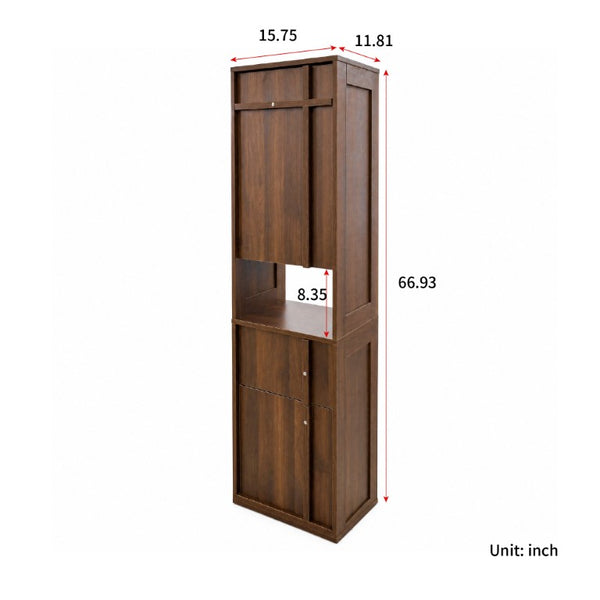 English Elm Tall Slim Freestanding Cabinet with Open Shelf and Concealed Drawers for Compact Spaces W331P515578