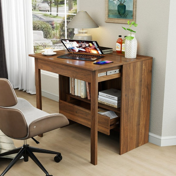 English Elm Convertible Fold Out Cabinet Desk with Pull Out Drawers and Open Shelf for Small Spaces W331P515580