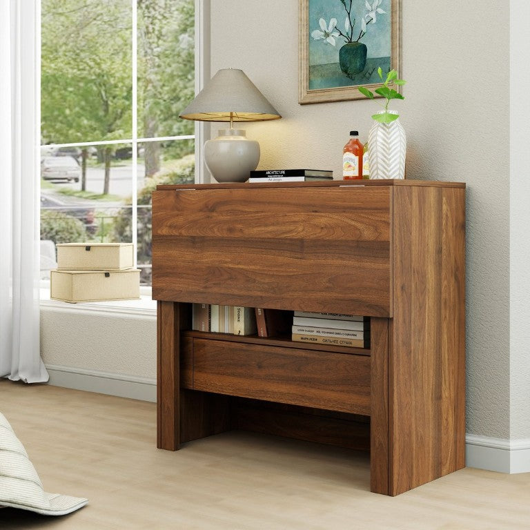 English Elm Convertible Fold Out Cabinet Desk with Pull Out Drawers and Open Shelf for Small Spaces W331P515580