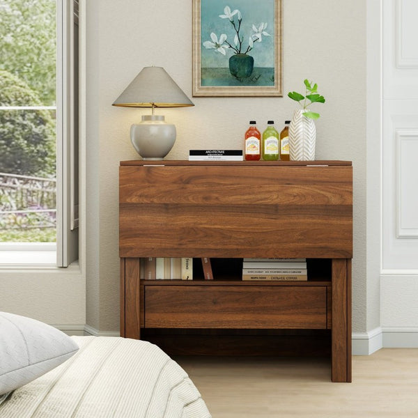 English Elm Convertible Fold Out Cabinet Desk with Pull Out Drawers and Open Shelf for Small Spaces W331P515580