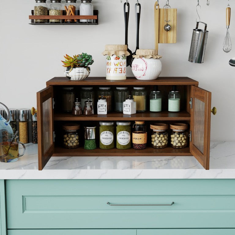 English Elm Glass Door Countertop Cupboard with Gold Knobs Two Shelf Spice and Coffee Bar Organizer W331P533249