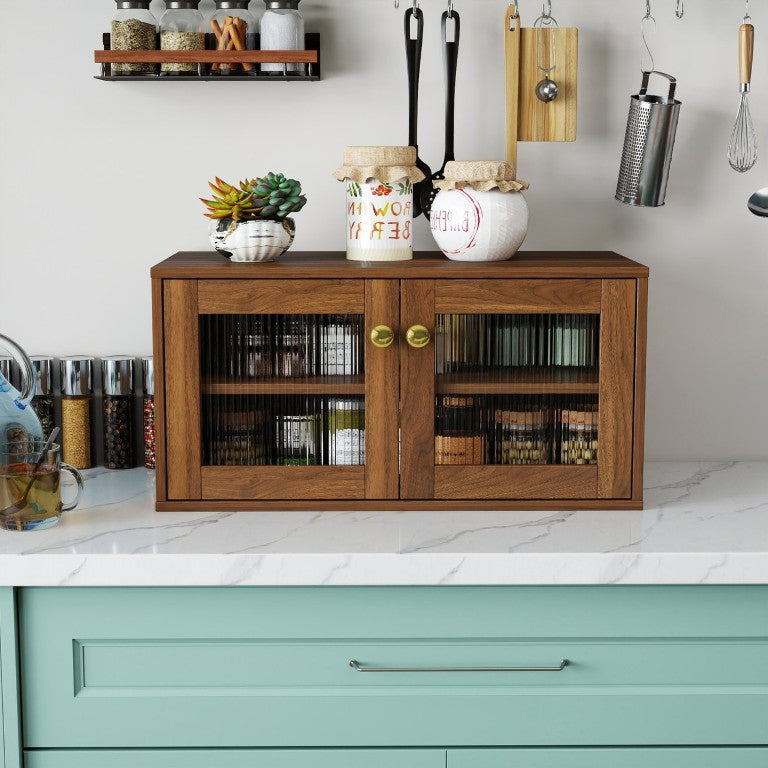 English Elm Glass Door Countertop Cupboard with Gold Knobs Two Shelf Spice and Coffee Bar Organizer W331P533249