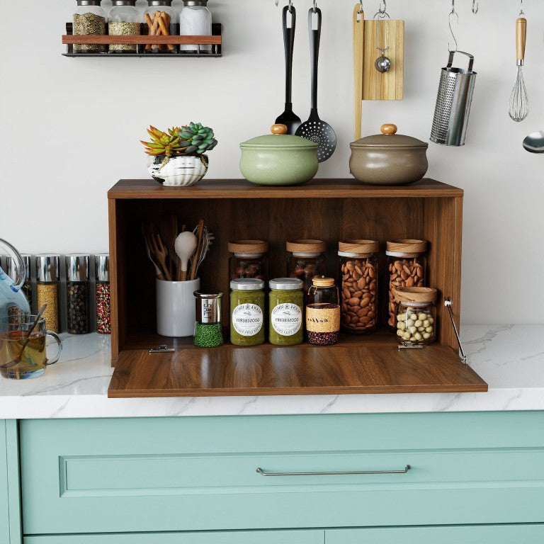 English Elm Kitchen Countertop Storage Cabinet with Flip Down Door for Bread and Spice Organization W331P533252