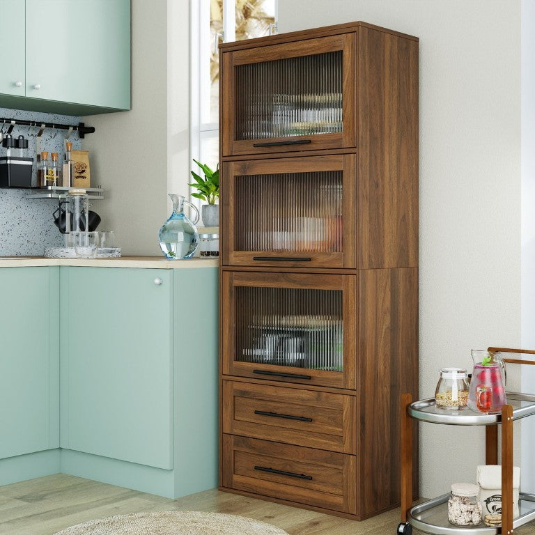 English Elm Tall Fluted Glass Door Pantry Cabinet with Drawers for Kitchen or Dining Room W331P533616