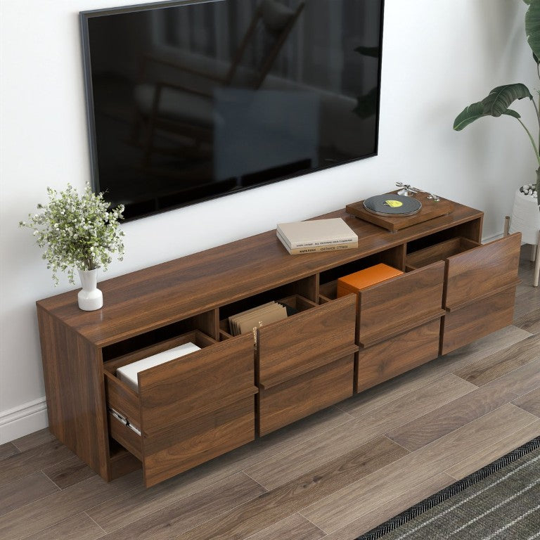 English Elm Modern Walnut Low Profile Media Console with Four Drawer Storage for Living Room W331P533617