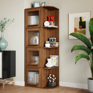 English Elm Tall Fluted Glass Display Cabinet with Open Shelving for Living Room or Home Office W331P533618