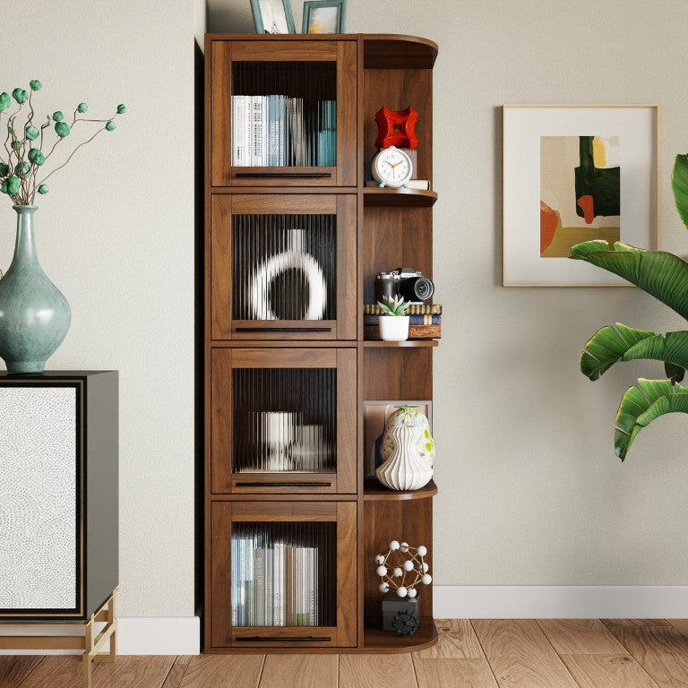 English Elm Tall Fluted Glass Display Cabinet with Open Shelving for Living Room or Home Office W331P533618