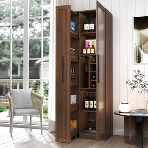 English Elm Kitchen Pantry Cabinet Farmhouse Glass Doors Pull Out Tower Five Tier Organizer W331S00214