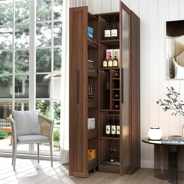 English Elm Kitchen Pantry Cabinet Farmhouse Glass Doors Pull Out Tower Five Tier Organizer W331S00214