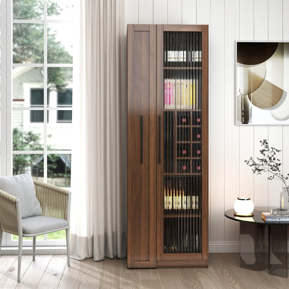 English Elm Kitchen Pantry Cabinet Farmhouse Glass Doors Pull Out Tower Five Tier Organizer W331S00214