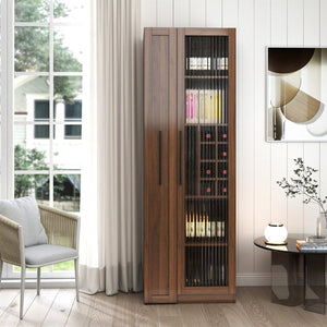 English Elm Kitchen Pantry Cabinet Farmhouse Glass Doors Pull Out Tower Five Tier Organizer W331S00214