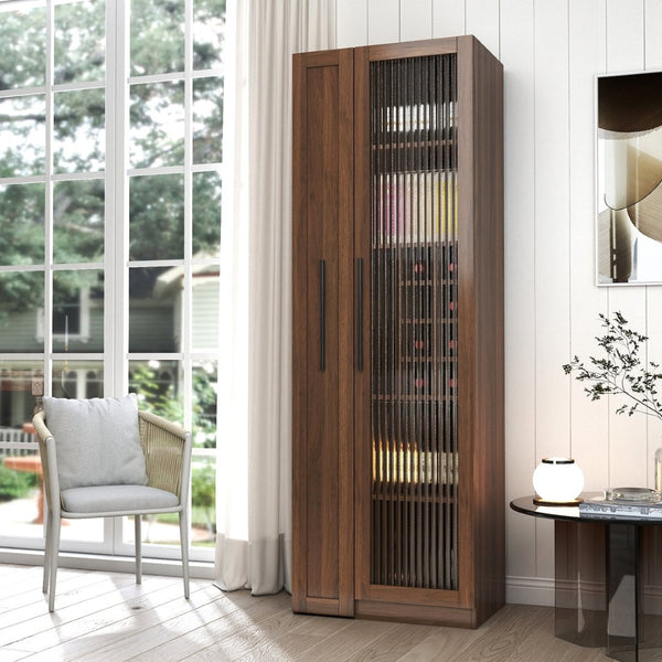 English Elm Kitchen Pantry Cabinet Farmhouse Glass Doors Pull Out Tower Five Tier Organizer W331S00214