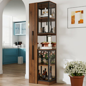 English Elm 70" Glass Door Display Cabinet with Led Lighting Five Shelves and Pull-out Storage W331S00215