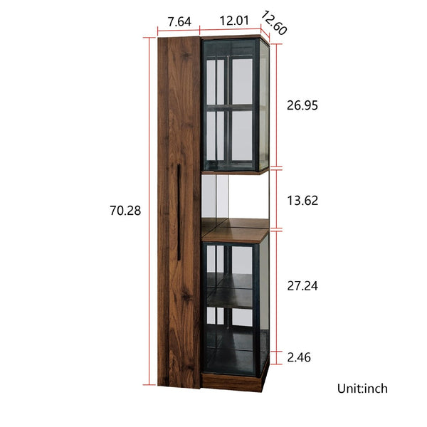 English Elm 70" Glass Door Display Cabinet with Led Lighting Five Shelves and Pull-out Storage W331S00215