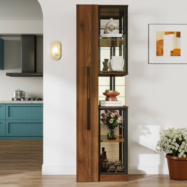 English Elm 70" Glass Door Display Cabinet with Led Lighting Five Shelves and Pull-out Storage W331S00215