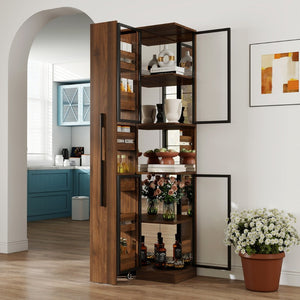 English Elm 70" Glass Door Display Cabinet with Led Lighting Five Shelves and Pull-out Storage W331S00215