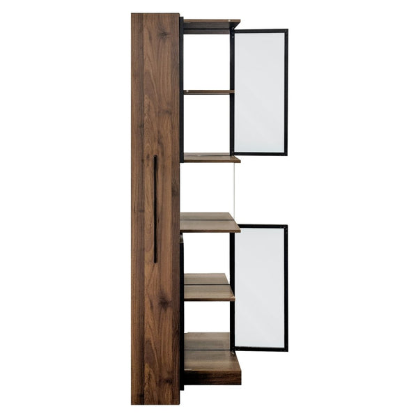 English Elm 70" Glass Door Display Cabinet with Led Lighting Five Shelves and Pull-out Storage W331S00215