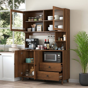 English Elm Modern Glass Door Buffet Hutch with Drawers and Pantry Storage for Dining Rooms W331S00218